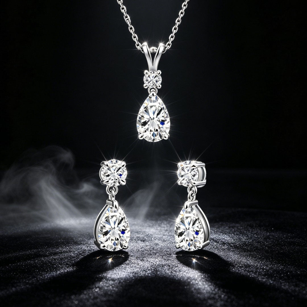 925 Sterling Silver Lab Grown Diamond Round & Pear Drop Necklace