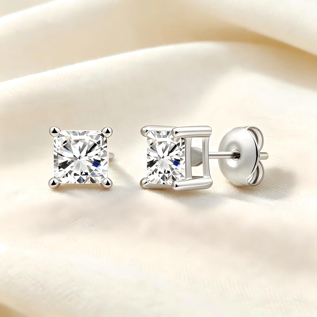 925 Sterling Silver Lab Grown Diamond Princess Solitaire Studs - 1ctw