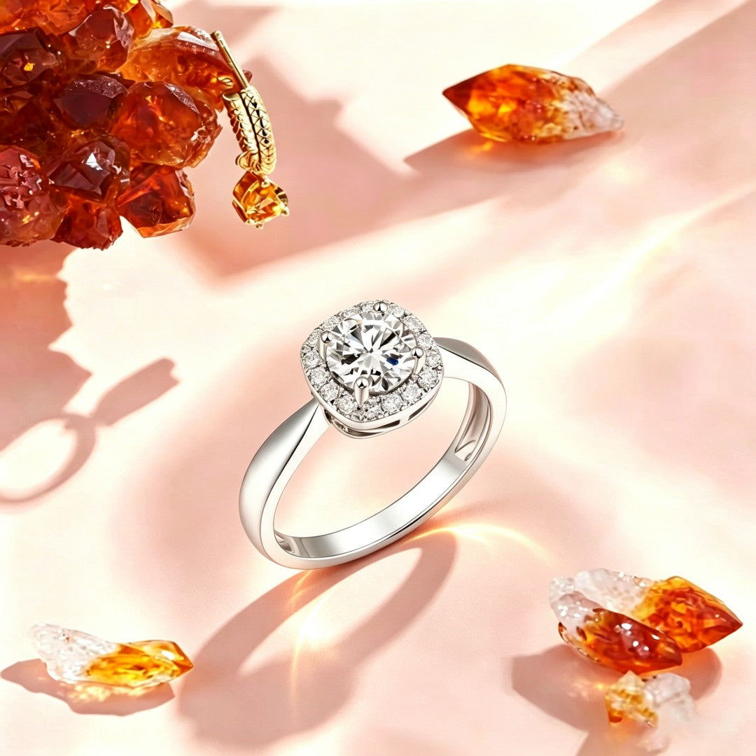 925 Sterling Silver Lab Grown Diamond Halo Style Ring-1.18ctw