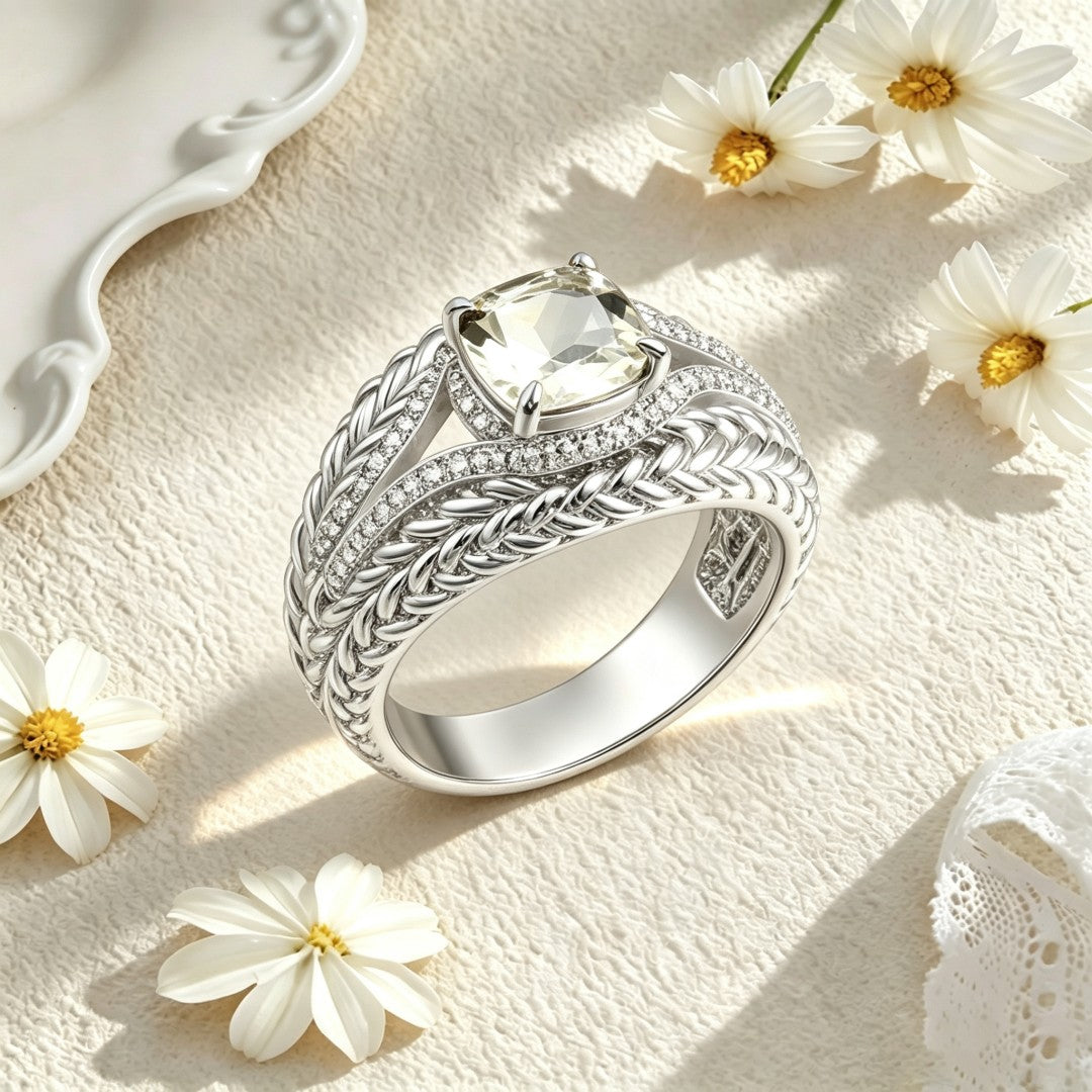 925 Sterling Silver Fashion Ring Set with Lab-Grown Diamonds & Cushion Cut Green Amethysts
