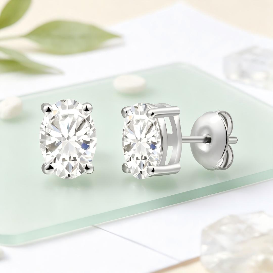 925 Sterling Silver Lab Grown Diamond Oval Earring Studs - 1.03ctw