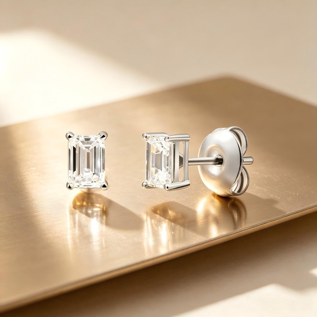 925 Sterling Silver Lab Grown Diamond Baggett Shape Earring Studs - 0.54ctw