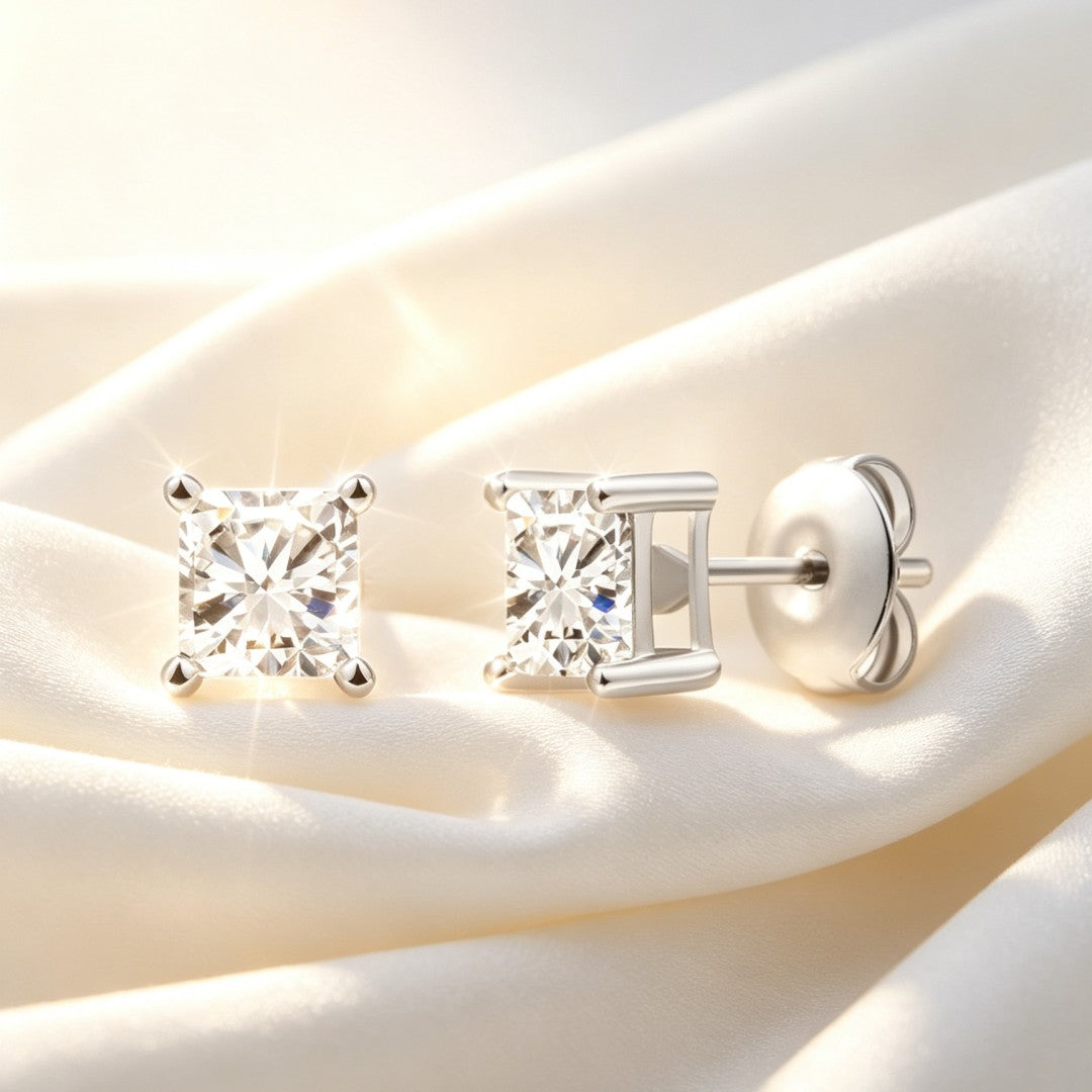 925 Sterling Silver Lab Grown Diamond Princess Solitaire Studs - 0.6ctw