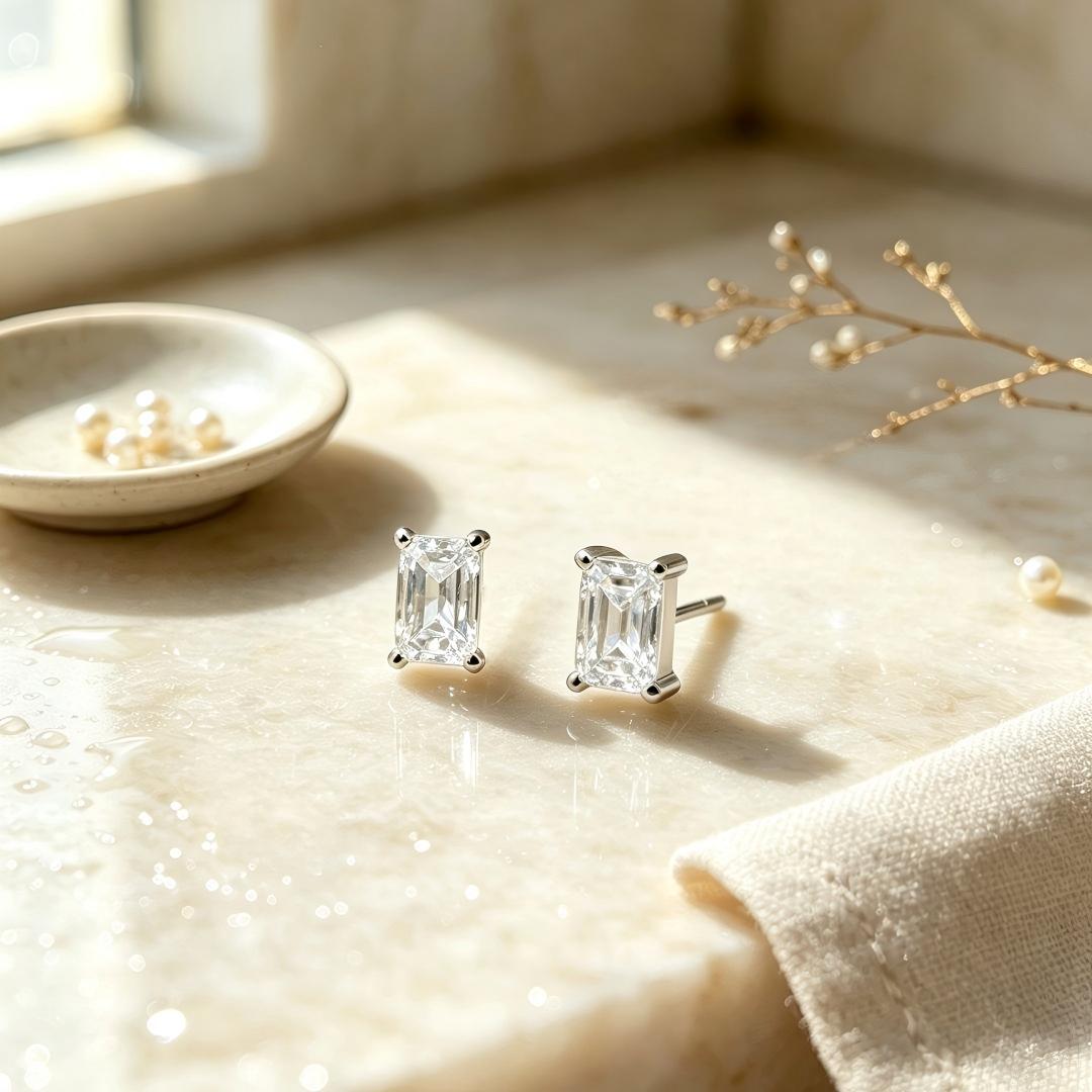 925 Sterling Silver Lab Grown Diamond Baggett Shape Earring Studs - 0.192ctw