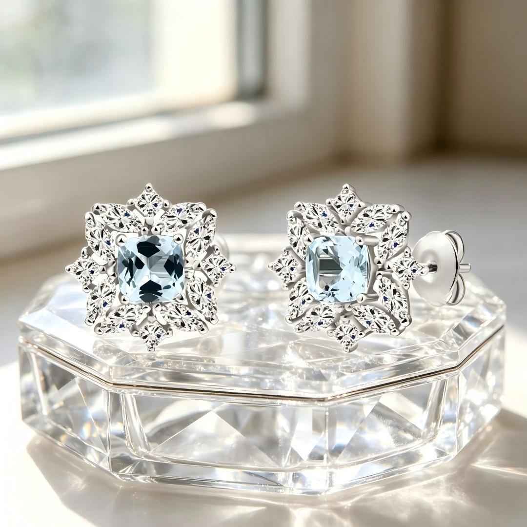 925 Sterling Silver with Round & Marquise Moissanite and Square Cut Natural Bule Topaz Earrings