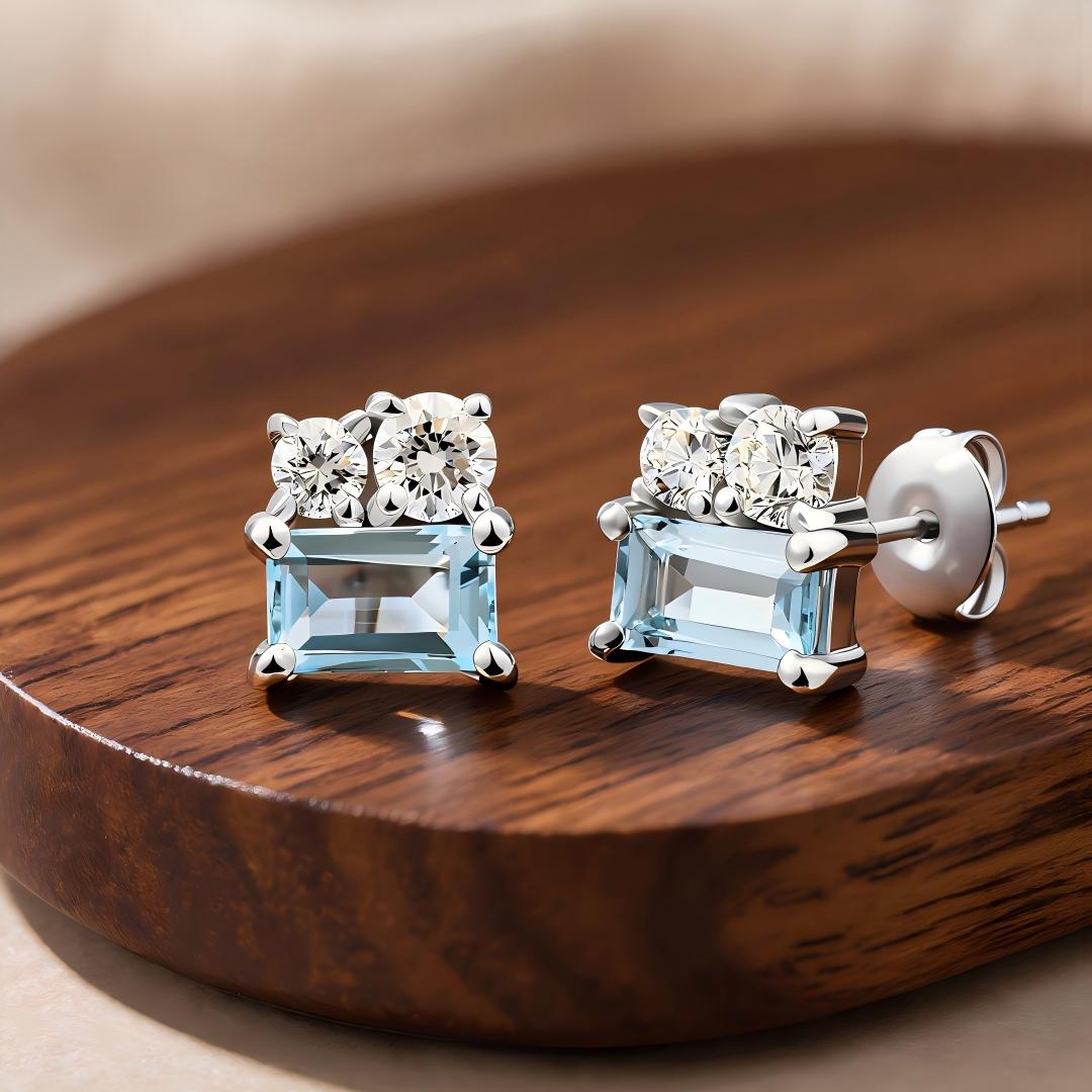 925 Sterling Silver with Round Lab Grown Diamond and Emerald Cut Natural Bule Topaz Earrings