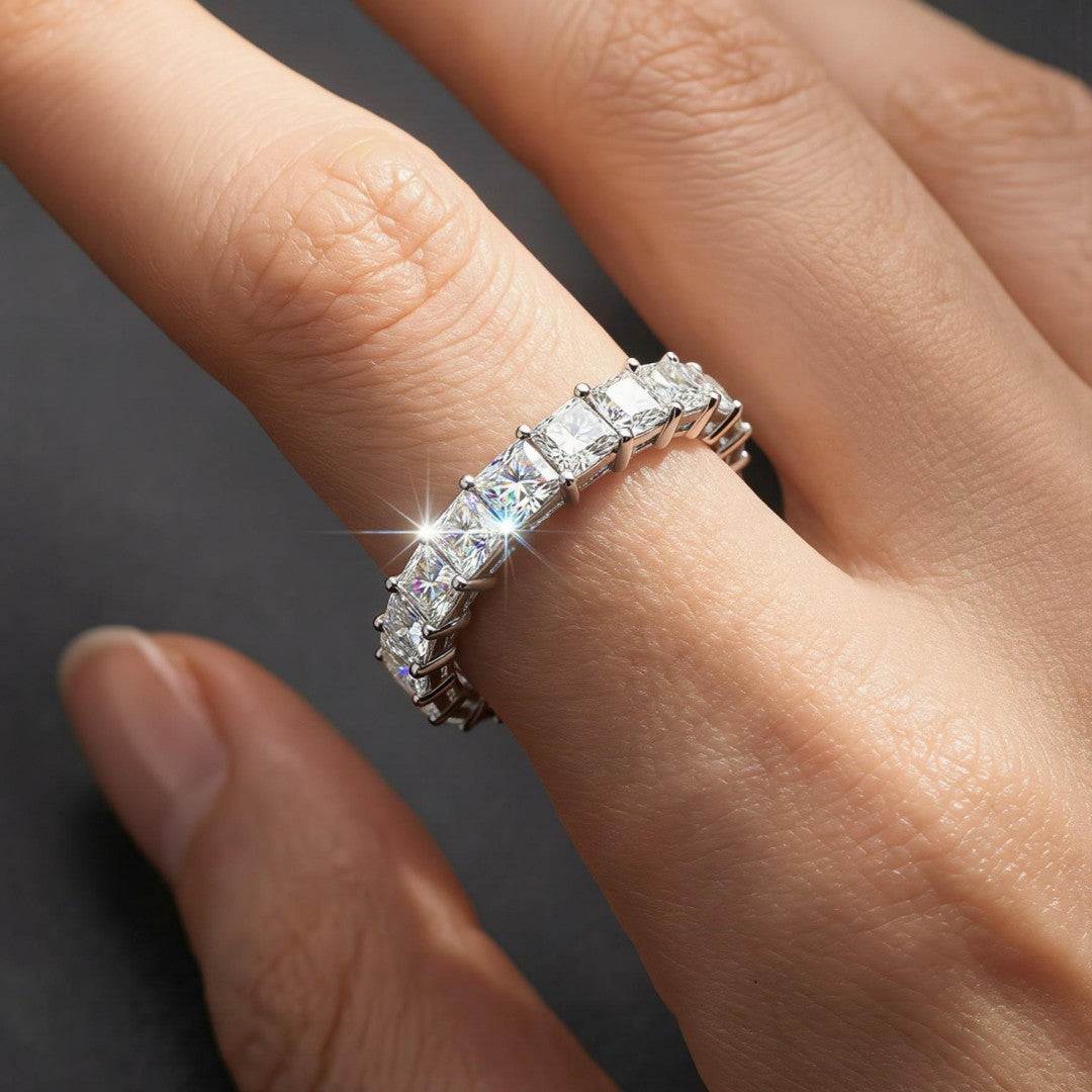 925 Sterling Silver Lab Grown Diamond Emerald Eternity Band-3.98ctw