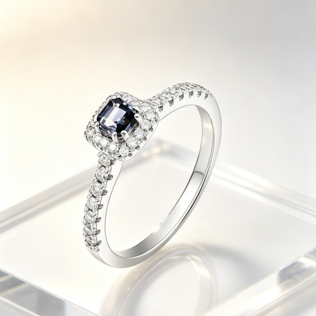 925 Sterling Silver Shoulder Ring Set with Lab-Grown Diamonds & Grey Spinel