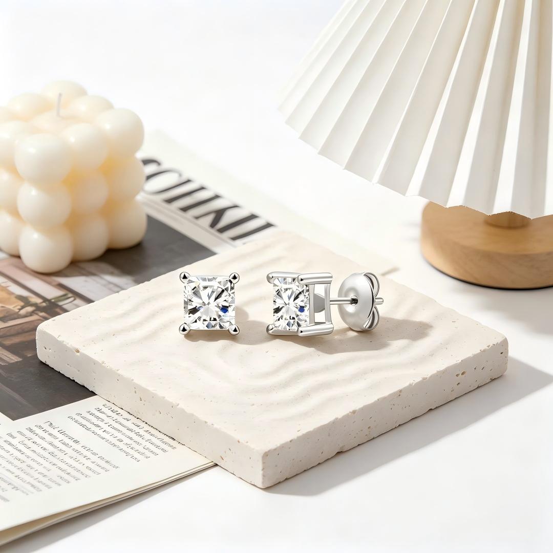 925 Sterling Silver Lab Grown Diamond Princess Solitaire Studs - 1ctw
