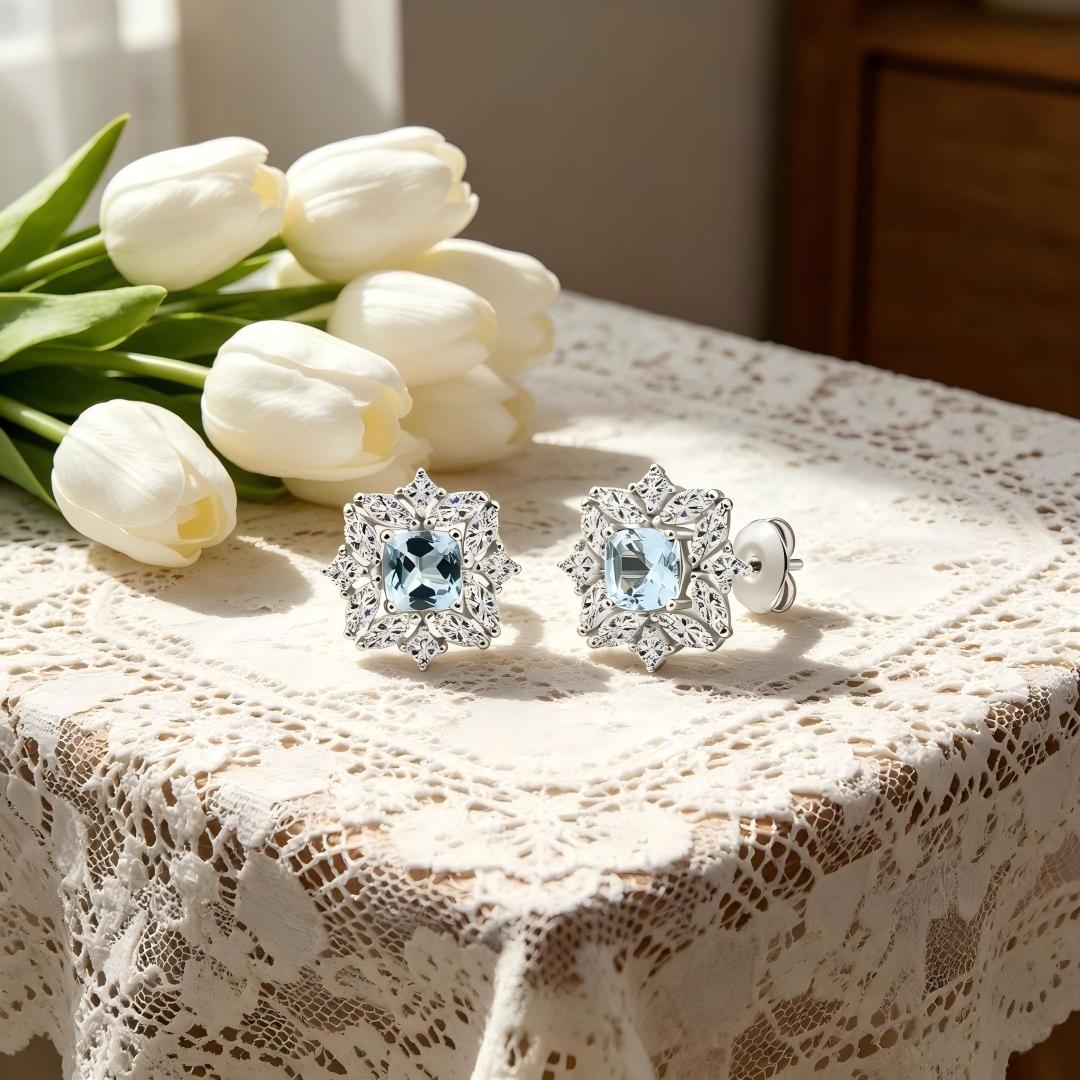 925 Sterling Silver with Round & Marquise Moissanite and Square Cut Natural Bule Topaz Earrings