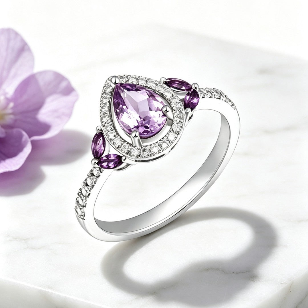 925 Sterling Silver Shoulder Ring Set with Lab-Grown Diamonds & Light Amethysts