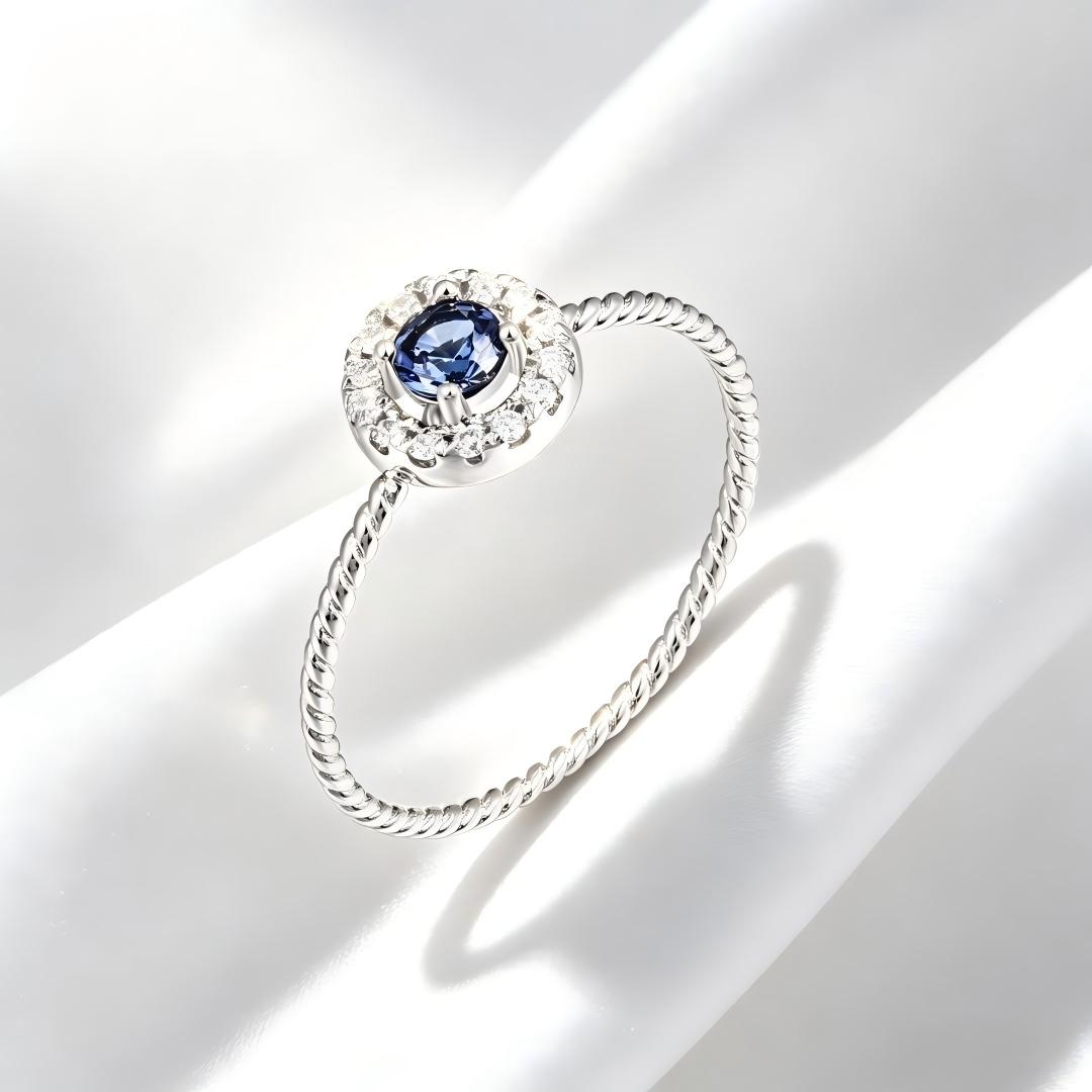 925 Sterling Silver Round Lab Grown Diamond and Lab Grown Sapphire Halo Ring