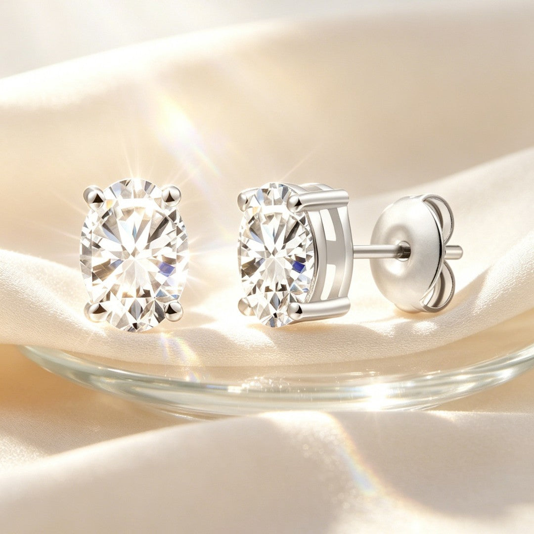 925 Sterling Silver Lab Grown Diamond Oval  Earring Studs - 0.09ctw