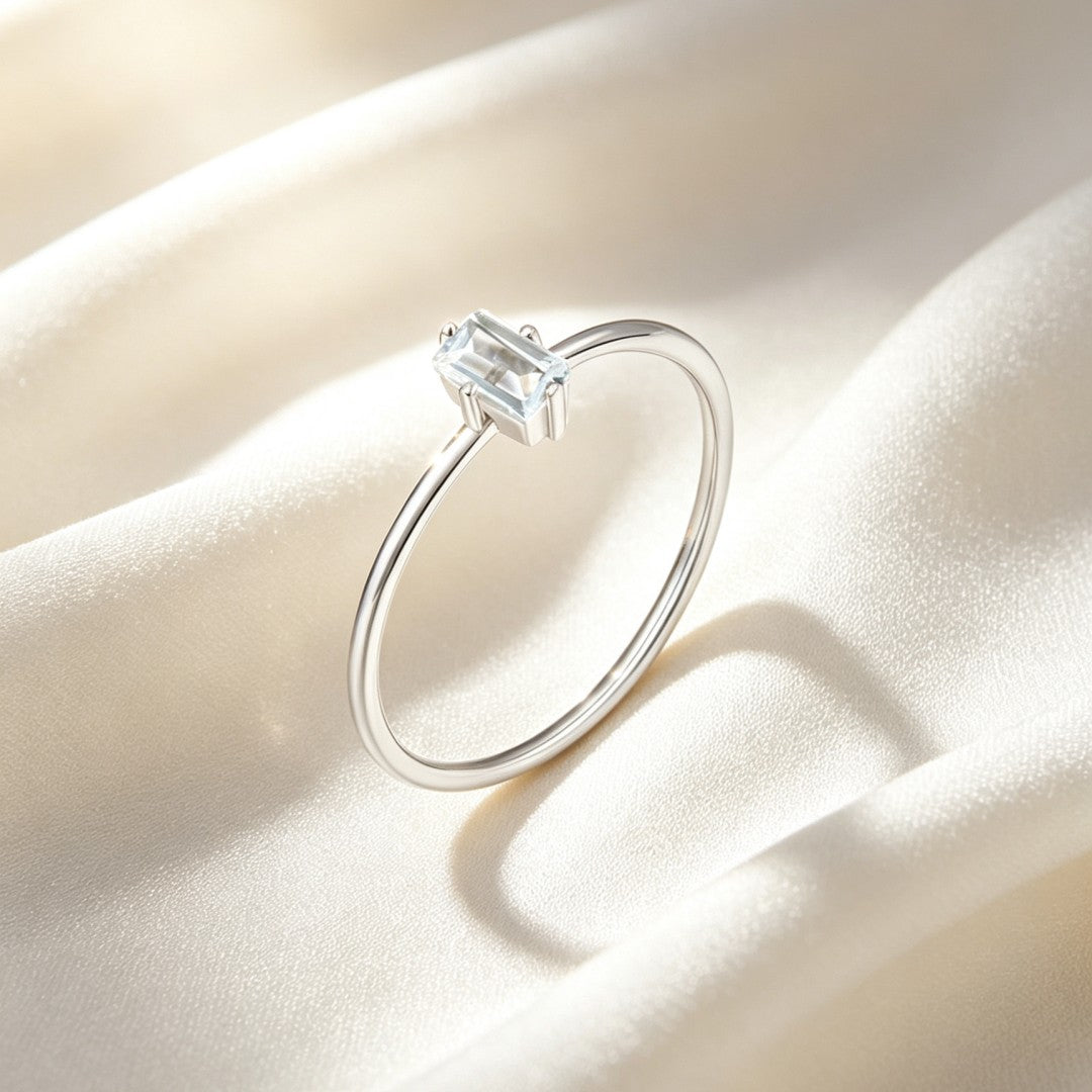 925 Sterling Silver Emerald Cut Natural Bule Topaz Solitaire Ring