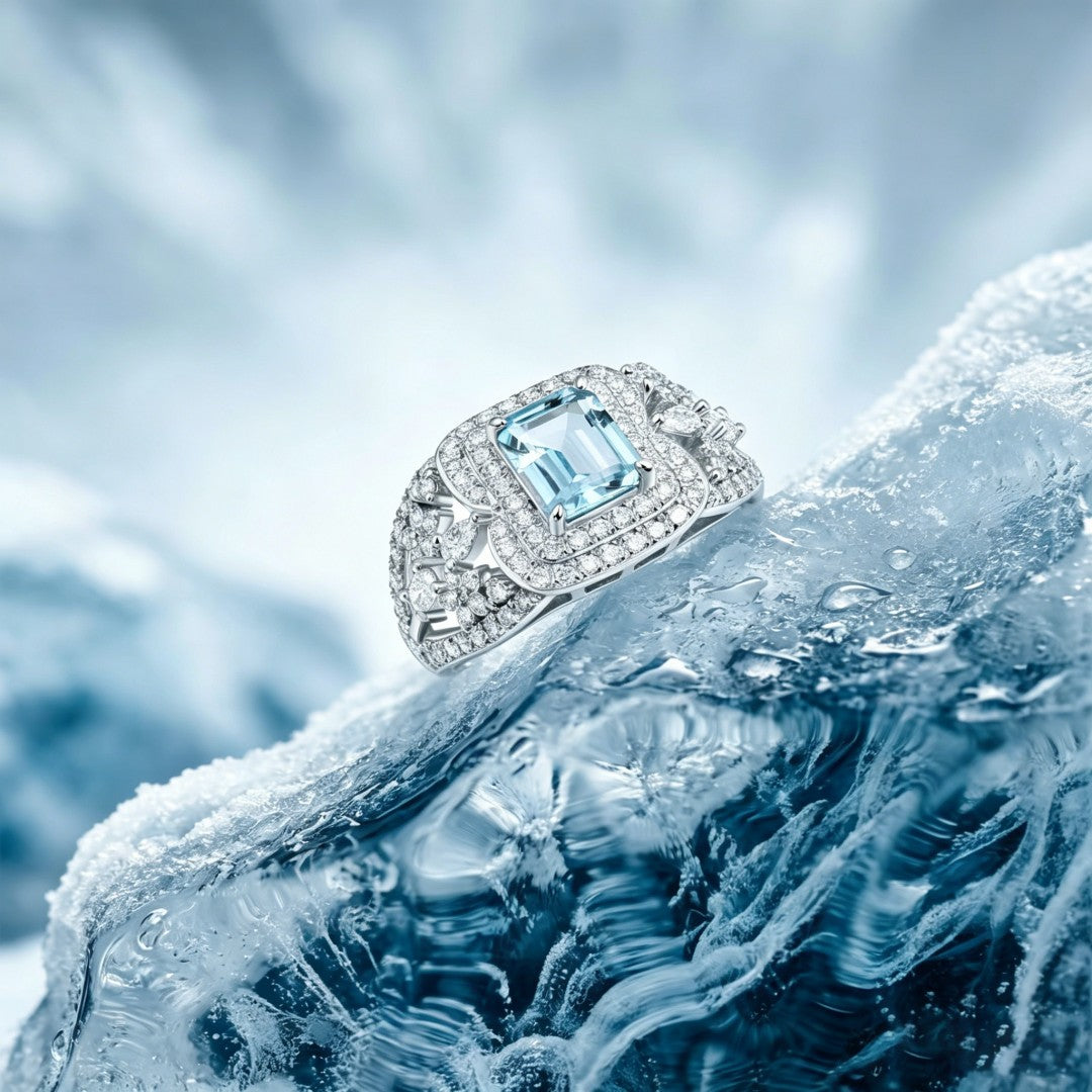 925 Sterling Silver Ring Set with Lab-Grown Diamonds & Emerald Cut Bule Topaz
