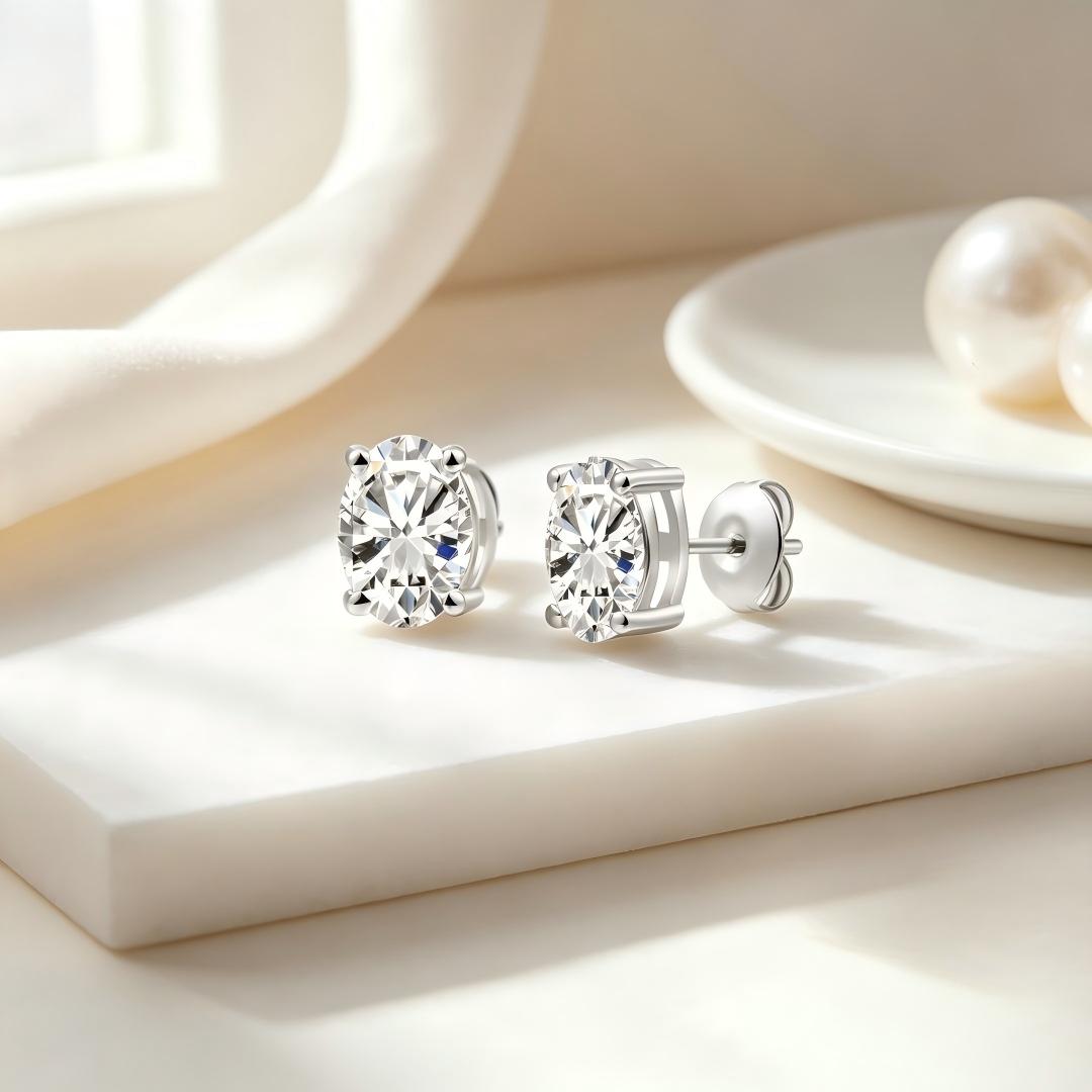 925 Sterling Silver Lab Grown Diamond Oval  Earring Studs - 1.03ctw