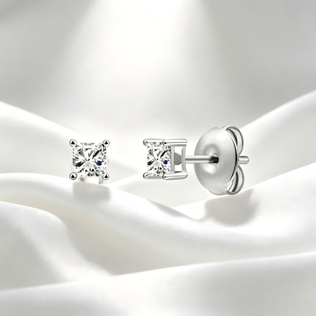 925 Sterling Silver Lab Grown Diamond Princess Solitaire Earring Studs - 0.11ctw