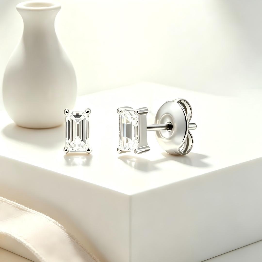 925 Sterling Silver Lab Grown Diamond Baggett Shape Earring Studs - 0.192ctw