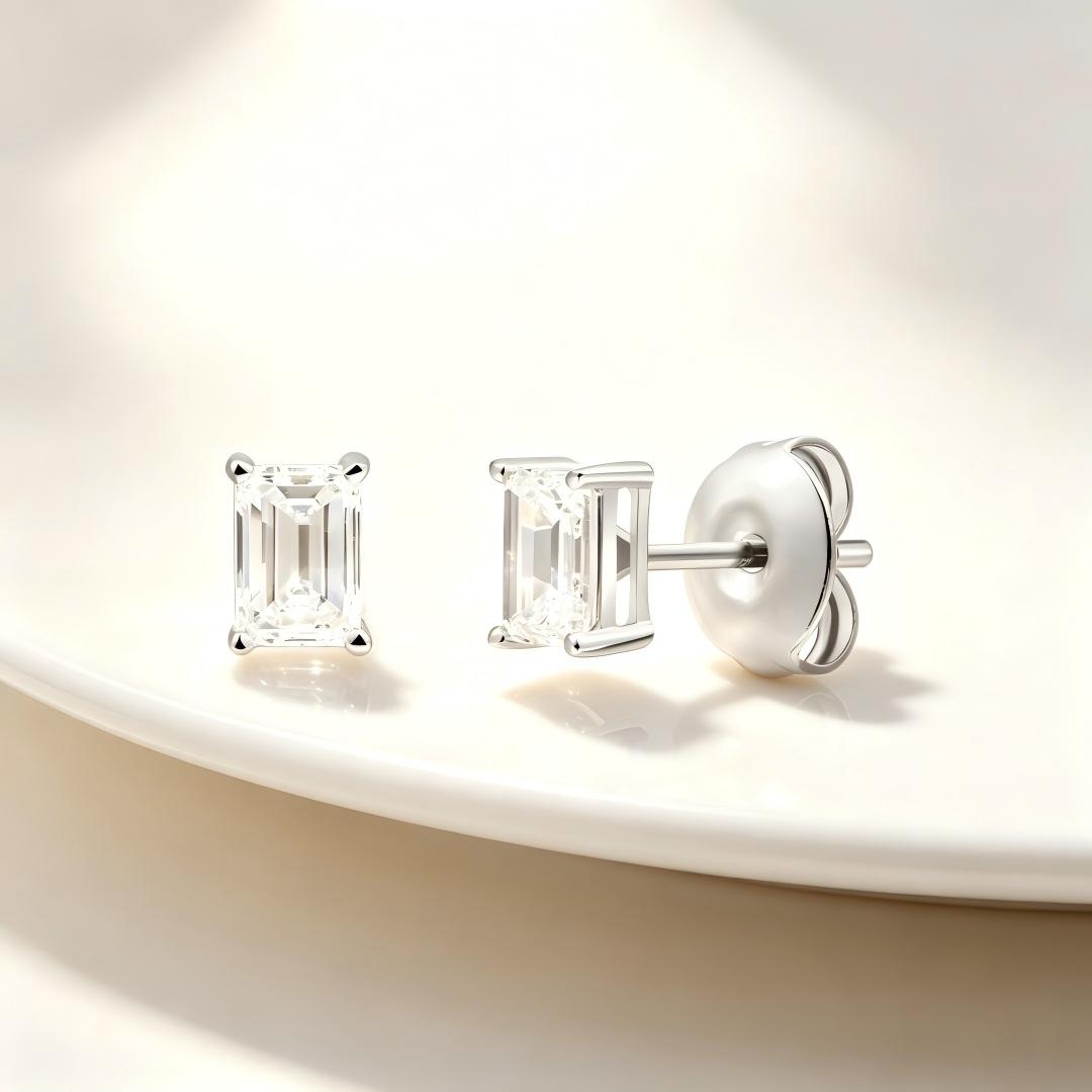 925 Sterling Silver Lab Grown Diamond Baggett Shape Earring Studs - 0.54ctw