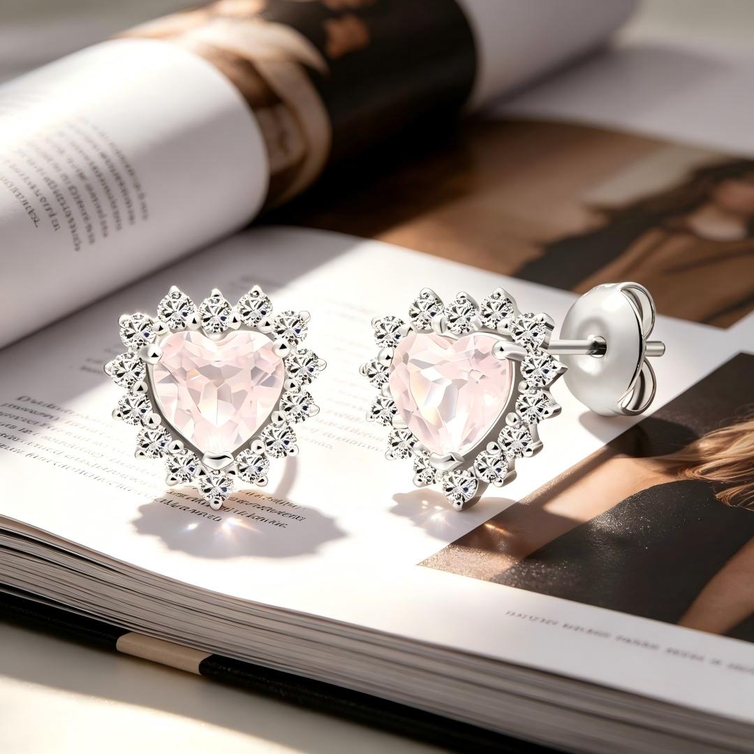 925 Sterling Silver Earrings with Round Lab Grown Diamond and Heart Cut Natural Rose Quatz