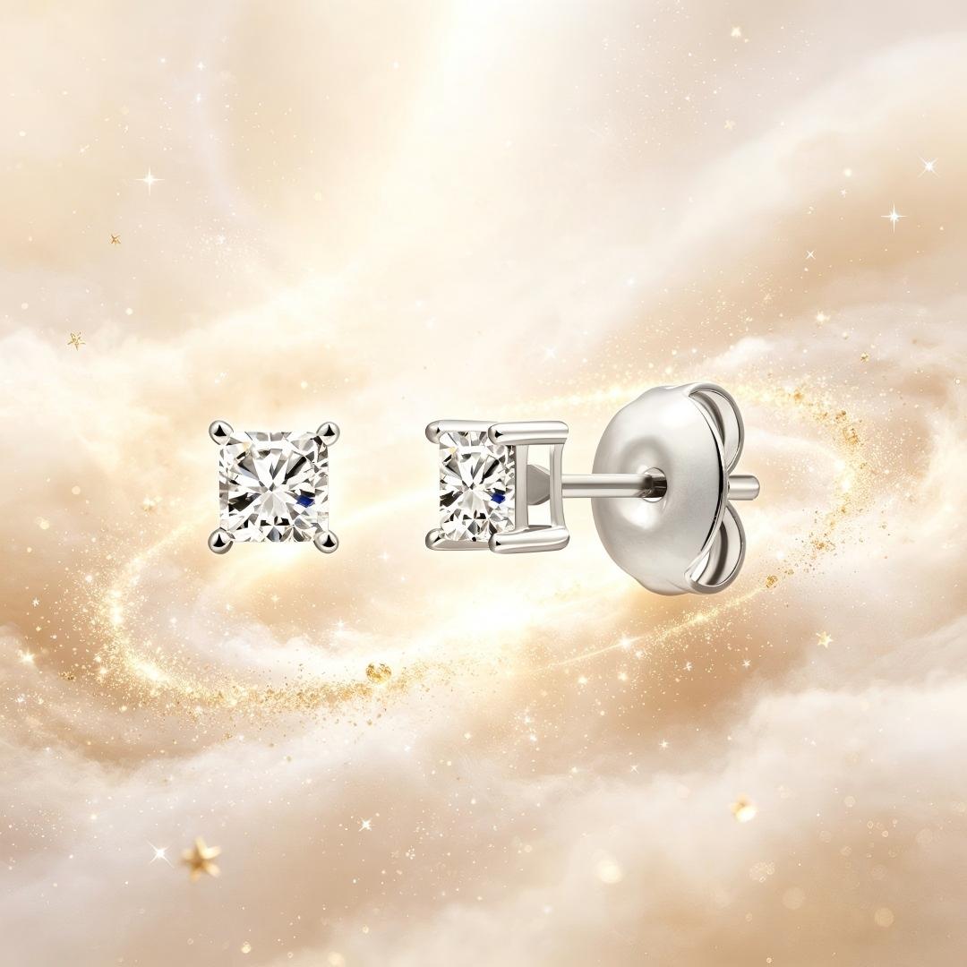 925 Sterling Silver Lab Grown Diamond Princess Solitaire Earring Studs - 0.18ctw