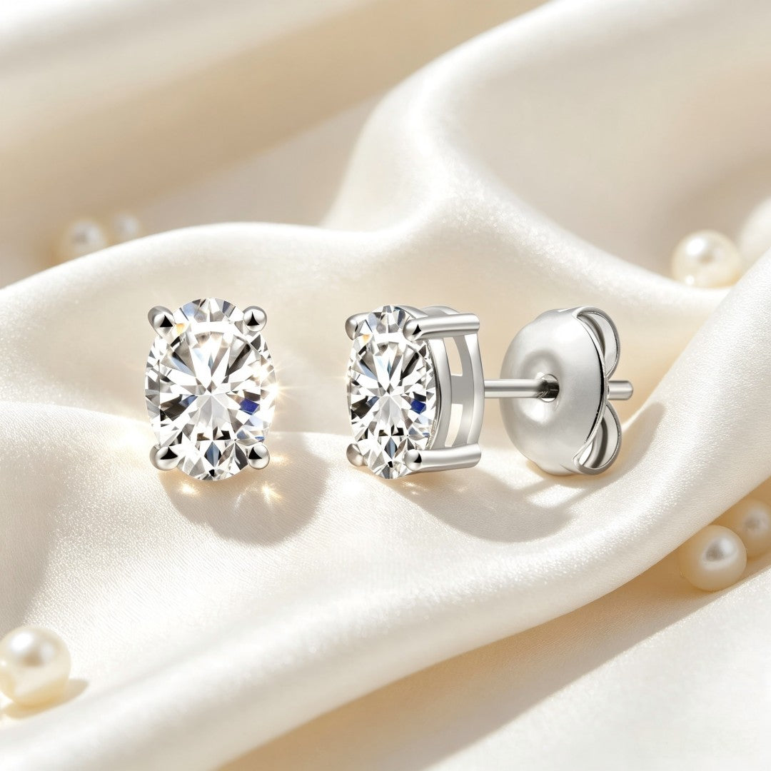 925 Sterling Silver Lab Grown Diamond Oval  Earring Studs - 0.71ctw