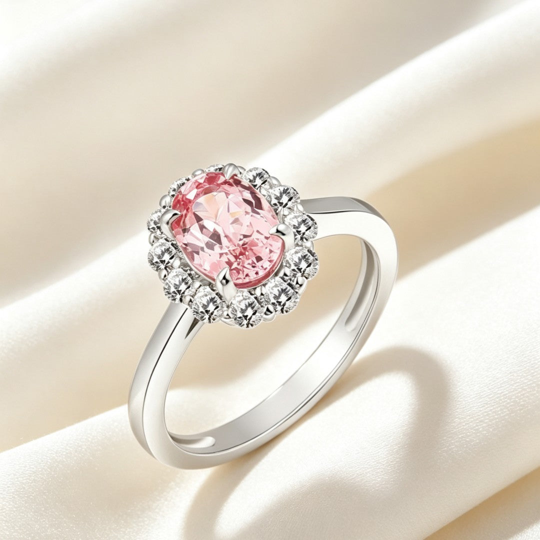 925 Sterling Silver Round Lab Grown Diamond and Oval Cut Lab Grown Pink Sapphire Engagement Ring