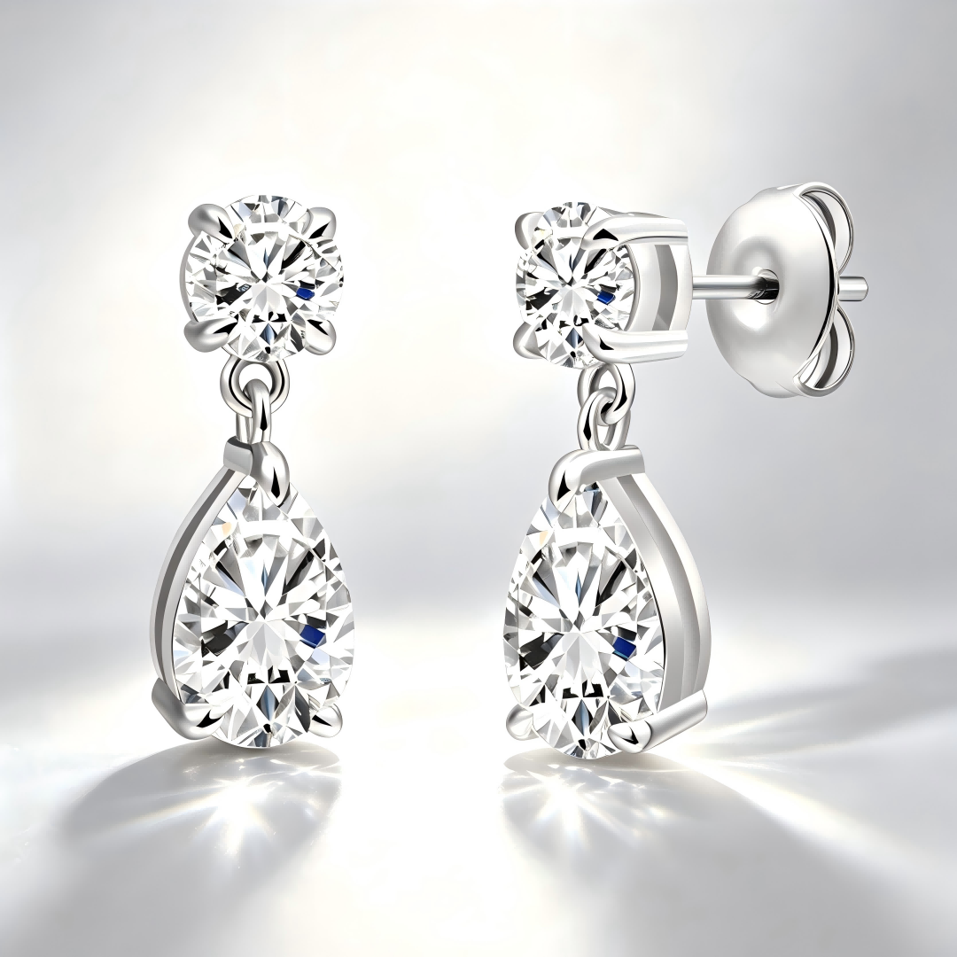 925 Sterling Silver Lab Grown Diamond Round & Pear Drop Earrings
