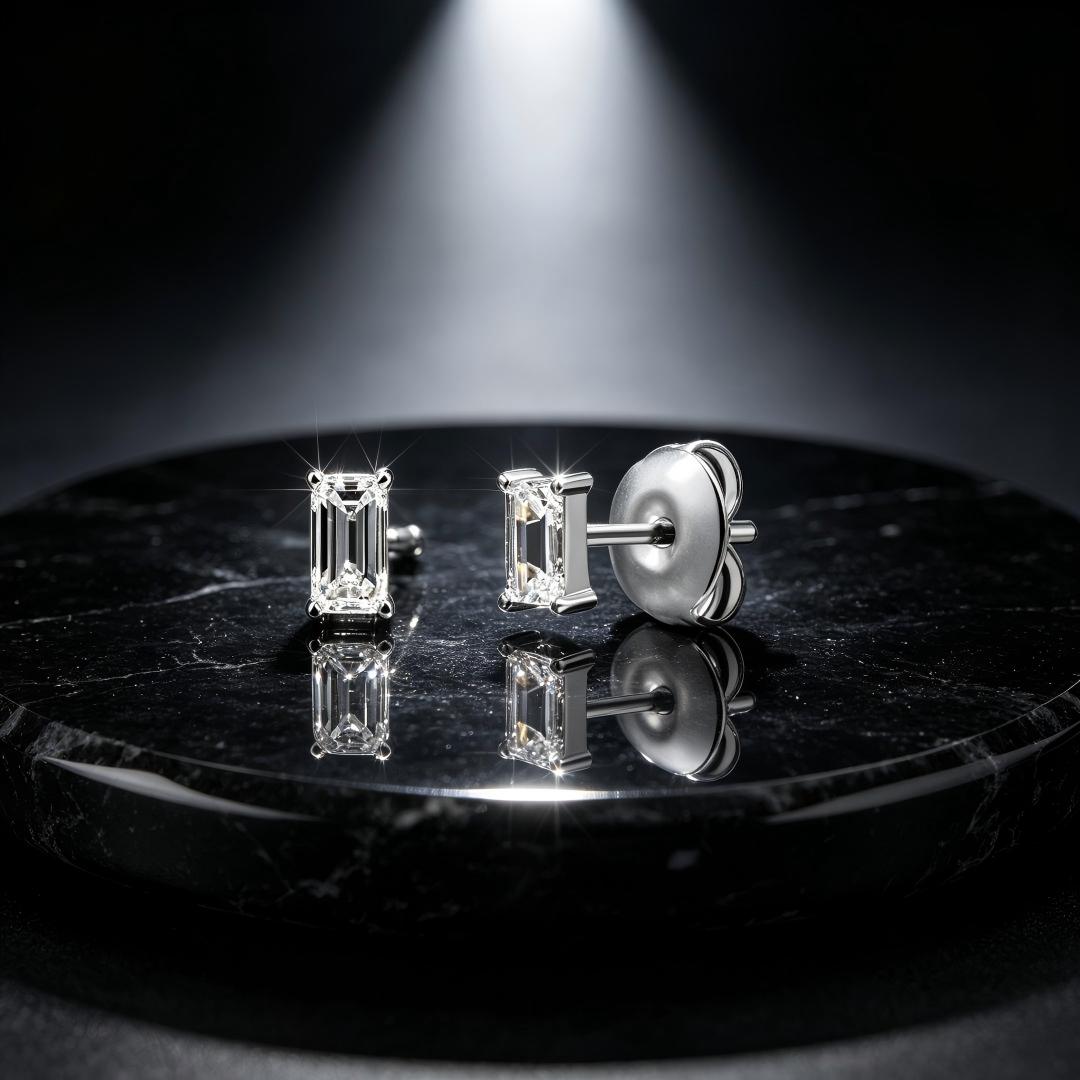 925 Sterling Silver Lab Grown Diamond Baggett Shape Earring Studs - 0.094ctw