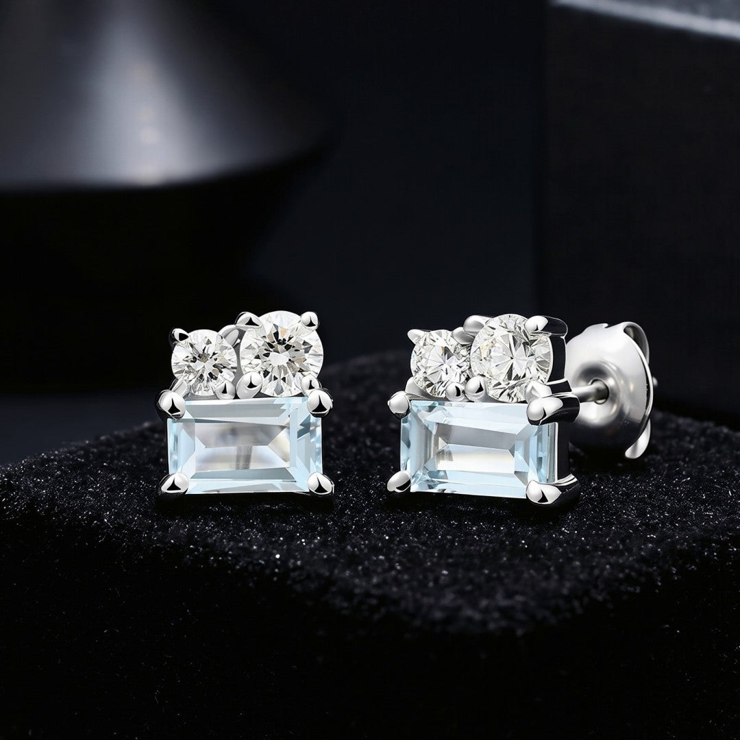 925 Sterling Silver with Round Lab Grown Diamond and Emerald Cut Natural Bule Topaz Earrings