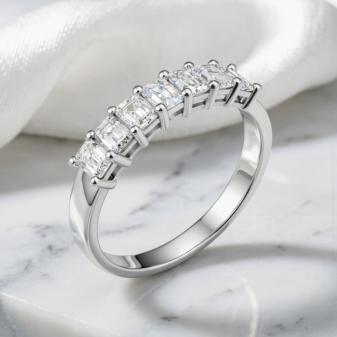 925 Sterling Silver Lab Grown Diamond Emerald Seven Stone Band-1.02ctw