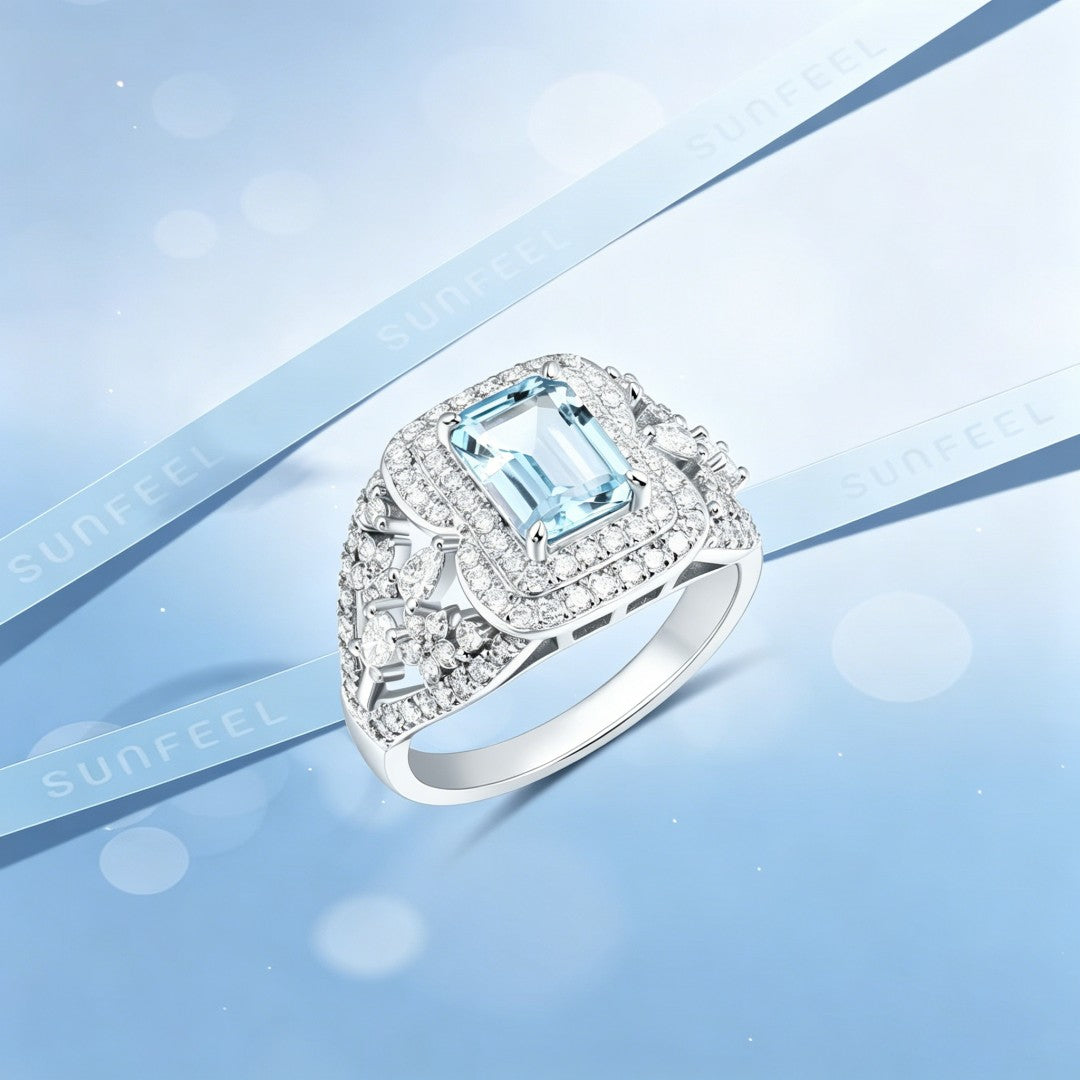 925 Sterling Silver Ring Set with Lab-Grown Diamonds & Emerald Cut Bule Topaz