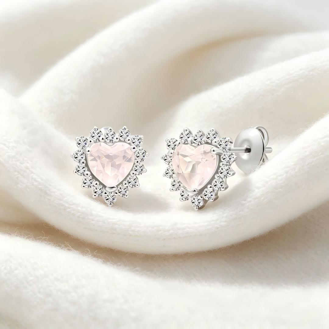 925 Sterling Silver Earrings with Round Lab Grown Diamond and Heart Cut Natural Rose Quatz