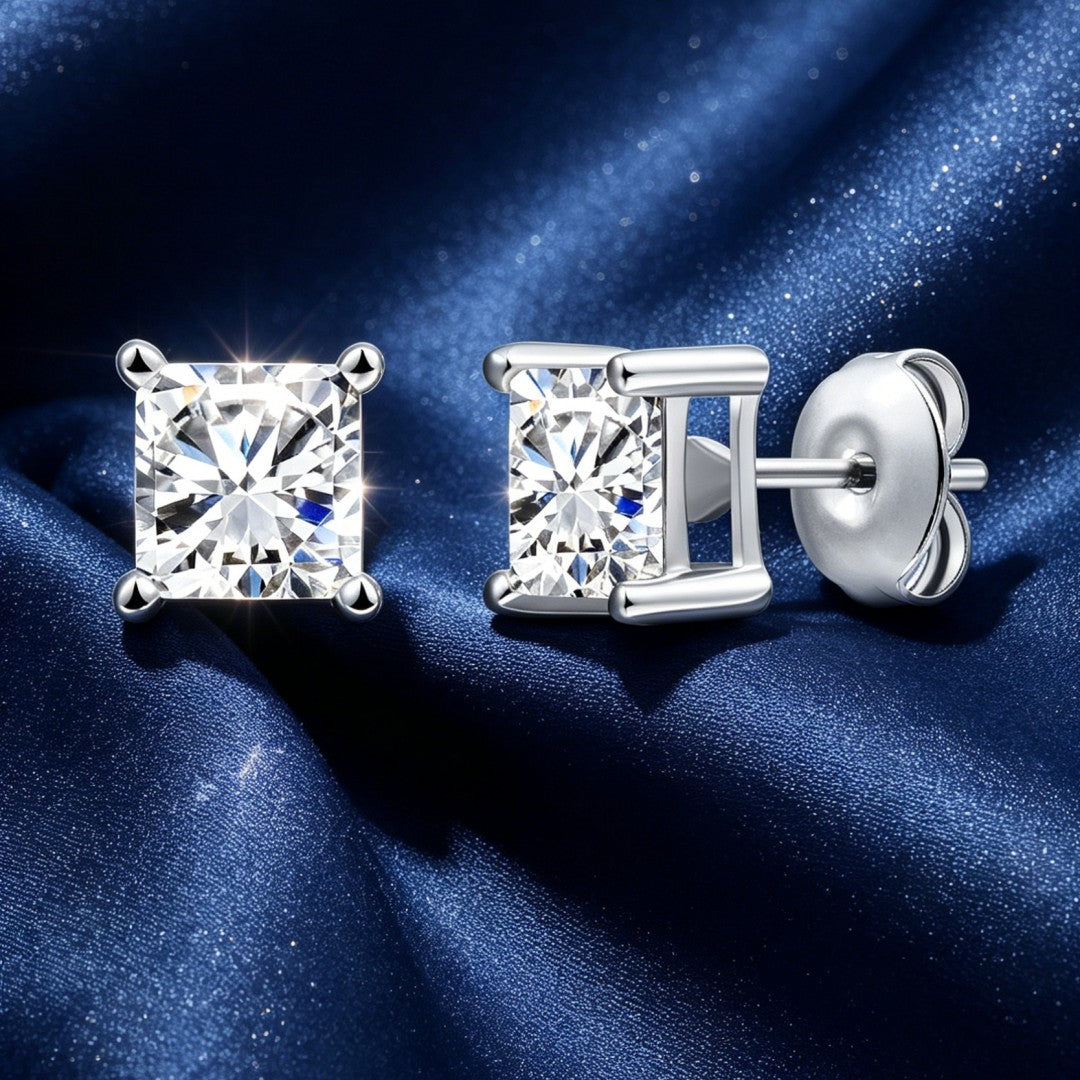 925 Sterling Silver Lab Grown Diamond Princess Solitaire Studs - 1ctw