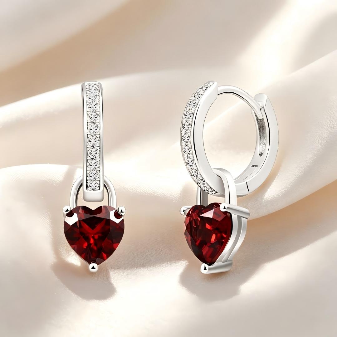 925 Sterling Silver Round Lab Grown Diamond and Heart Cut Natural Garnet Drop Hoop Earrings