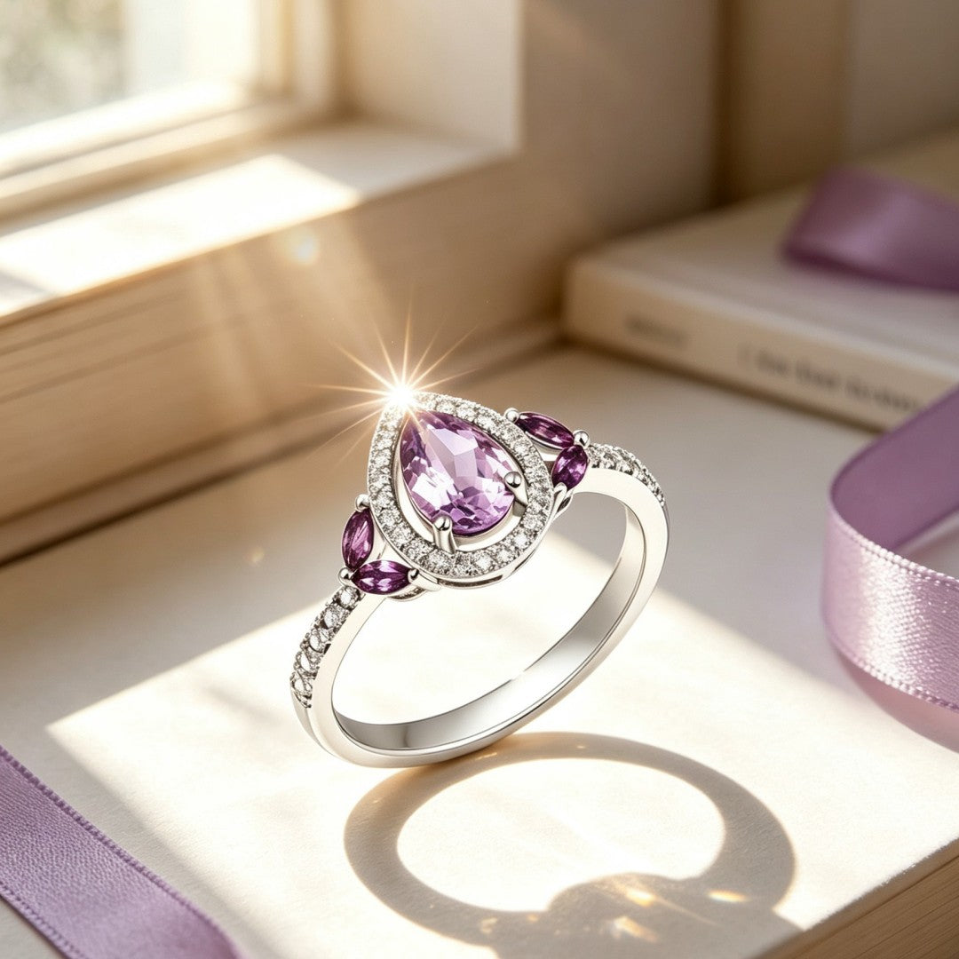 925 Sterling Silver Shoulder Ring Set with Lab-Grown Diamonds & Light Amethysts