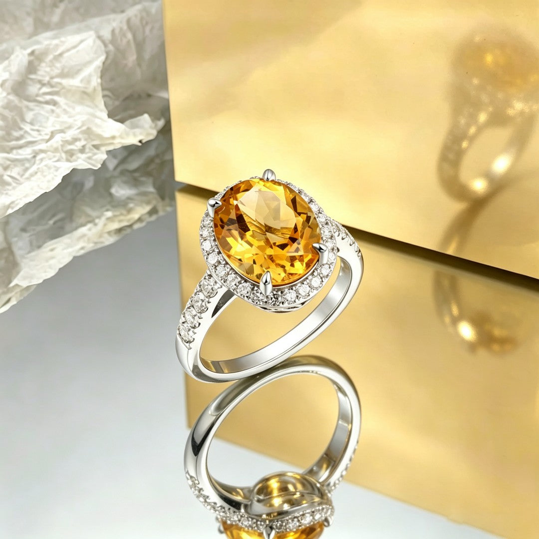 925 Sterling Silver Round Lab Grown Diamond and Oval Cut Citrine Fashion Ring