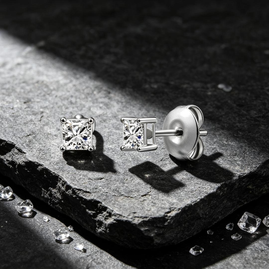 925 Sterling Silver Lab Grown Diamond Princess Solitaire Earring Studs - 0.11ctw