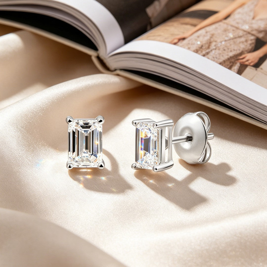 925 Sterling Silver Lab Grown Diamond Baggett Shape Earring Studs - 0.78ctw