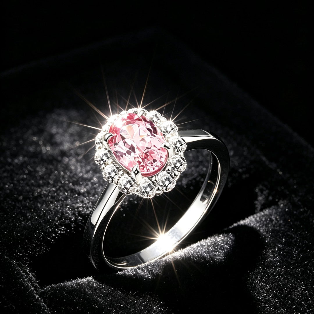925 Sterling Silver Round Lab Grown Diamond and Oval Cut Lab Grown Pink Sapphire Engagement Ring