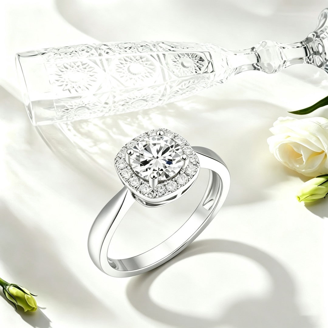 925 Sterling Silver Lab Grown Diamond Halo Style Ring-1.18ctw