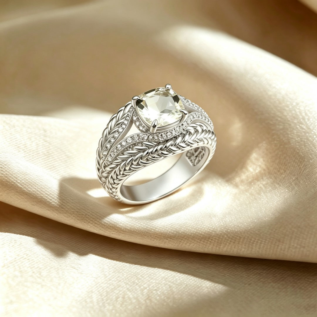 925 Sterling Silver Fashion Ring Set with Lab-Grown Diamonds & Cushion Cut Green Amethysts