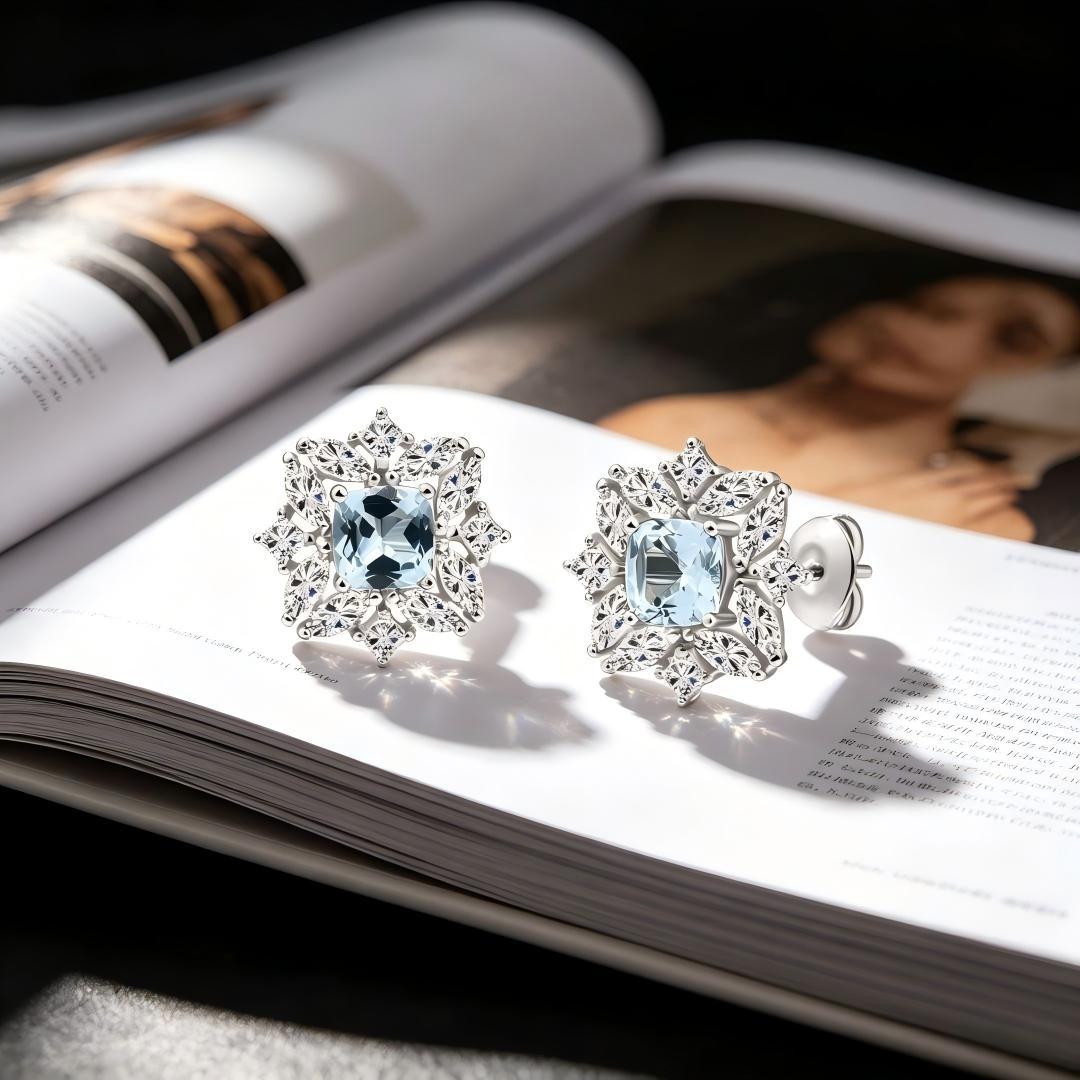 925 Sterling Silver with Round & Marquise Moissanite and Square Cut Natural Bule Topaz Earrings