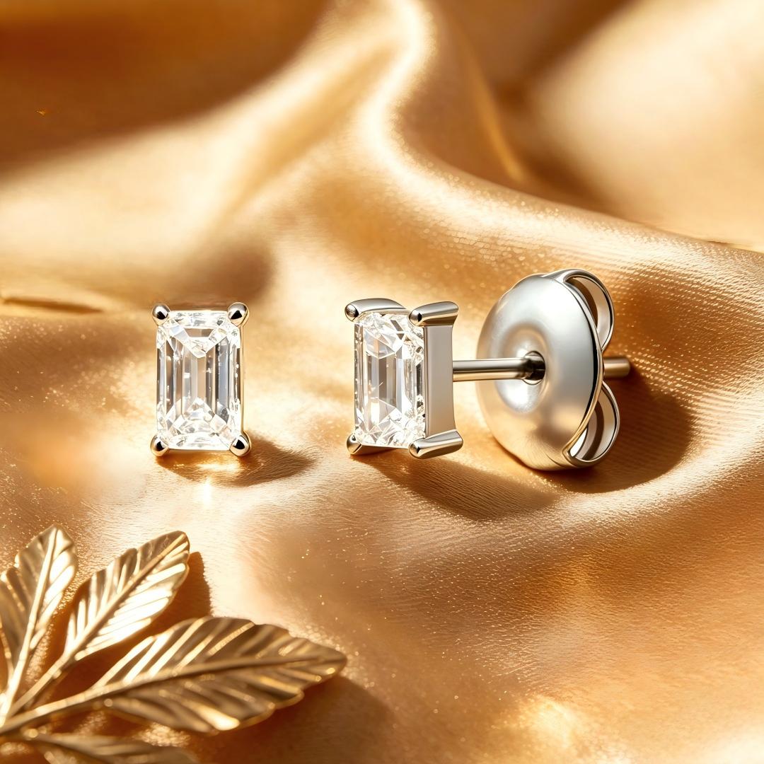 925 Sterling Silver Lab Grown Diamond Baggett Shape Earring Studs - 0.192ctw