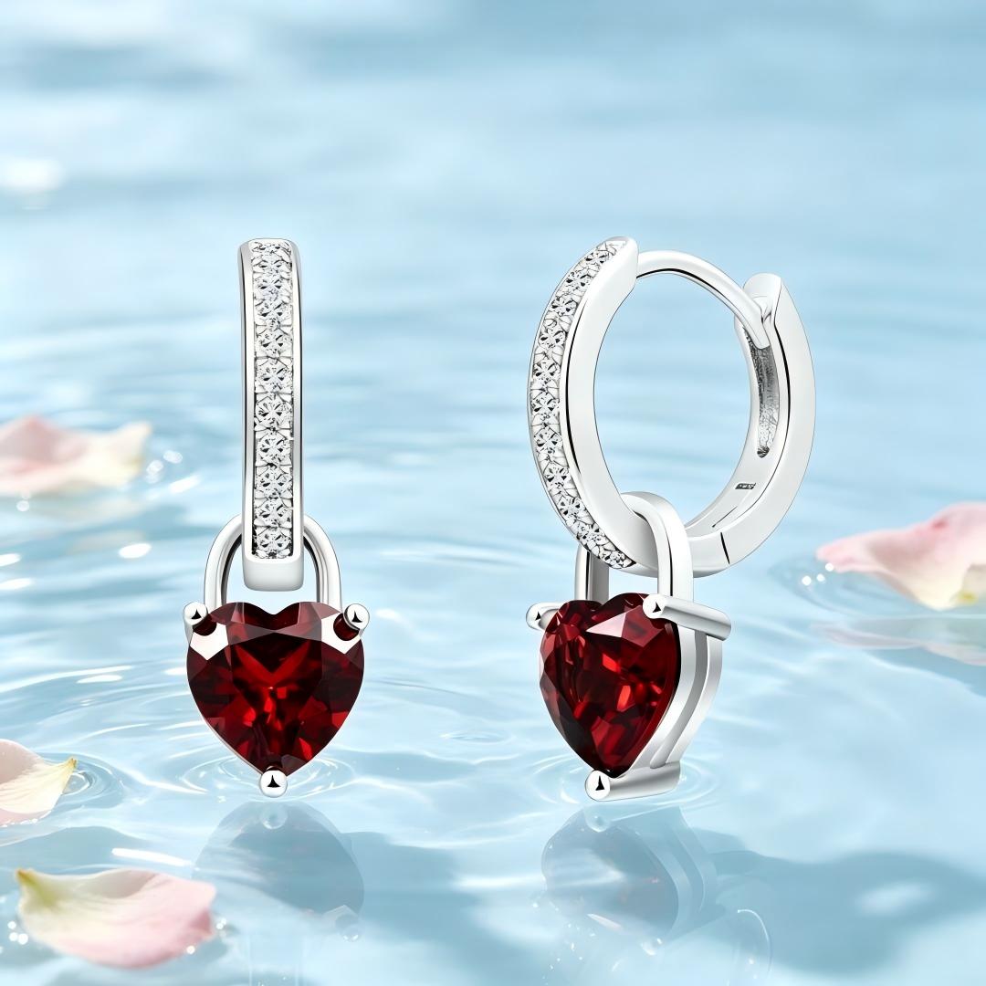 925 Sterling Silver Round Lab Grown Diamond and Heart Cut Natural Garnet Drop Hoop Earrings