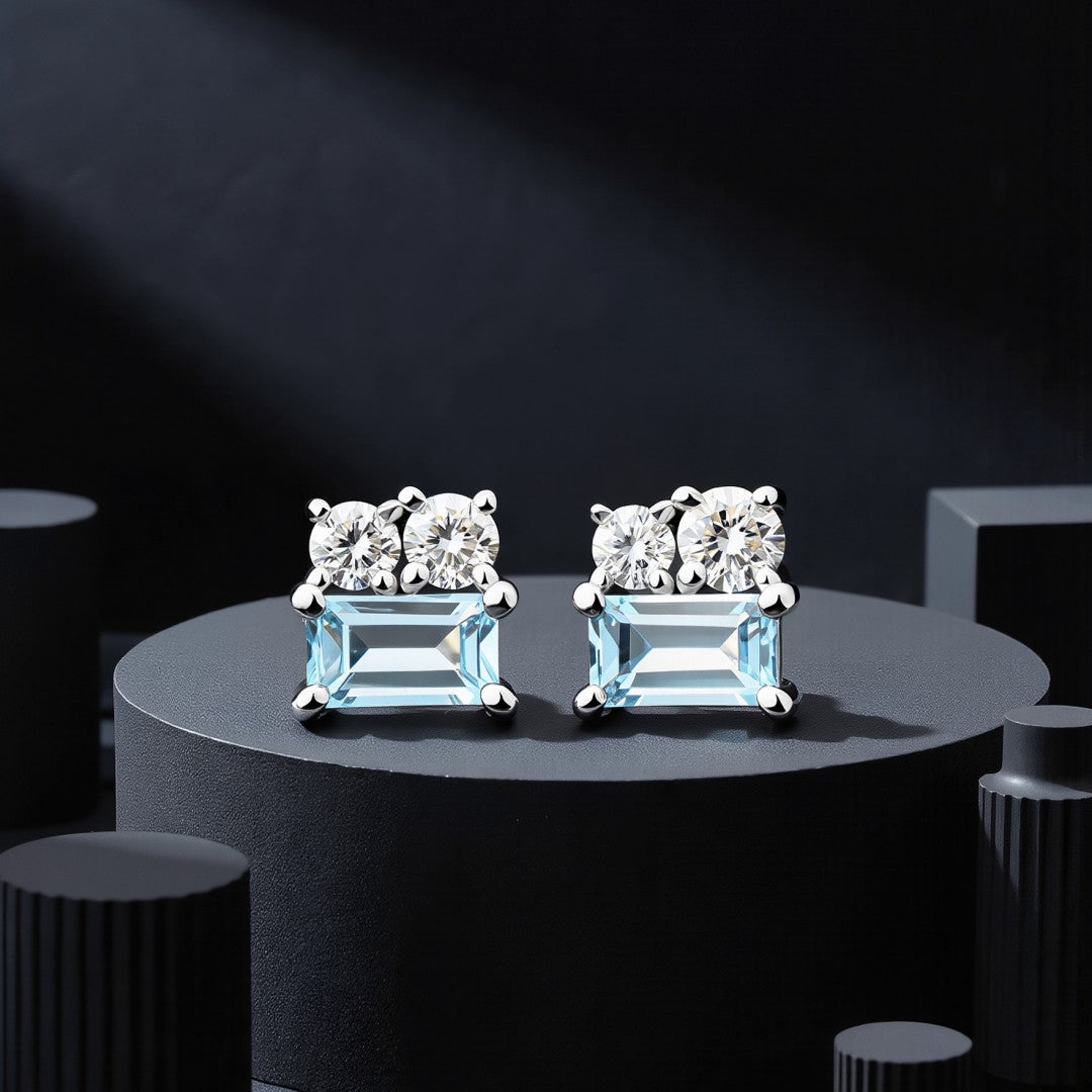 925 Sterling Silver with Round Lab Grown Diamond and Emerald Cut Natural Bule Topaz Earrings