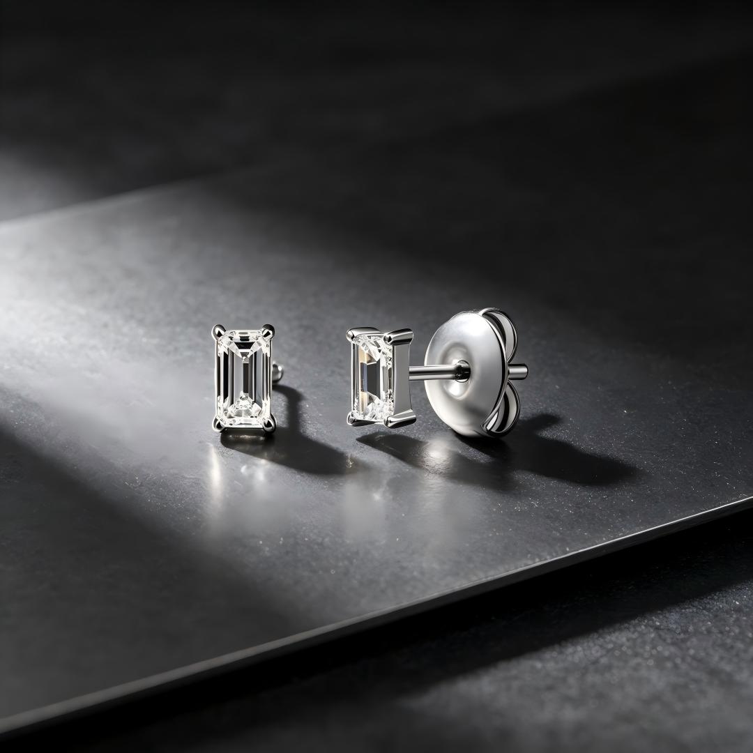 925 Sterling Silver Lab Grown Diamond Baggett Shape Earring Studs - 0.094ctw