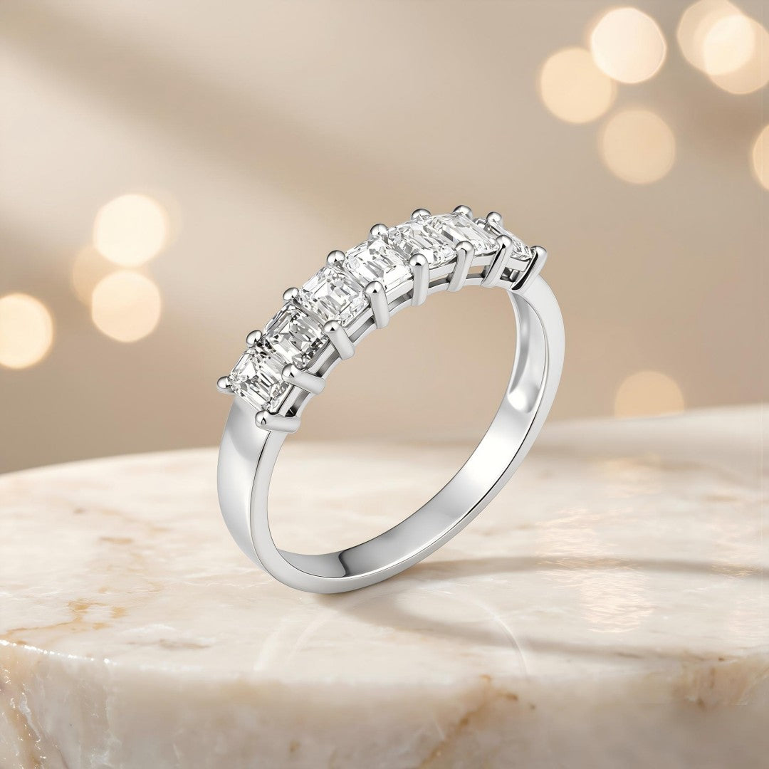 925 Sterling Silver Lab Grown Diamond Emerald Seven Stone Band-1.02ctw