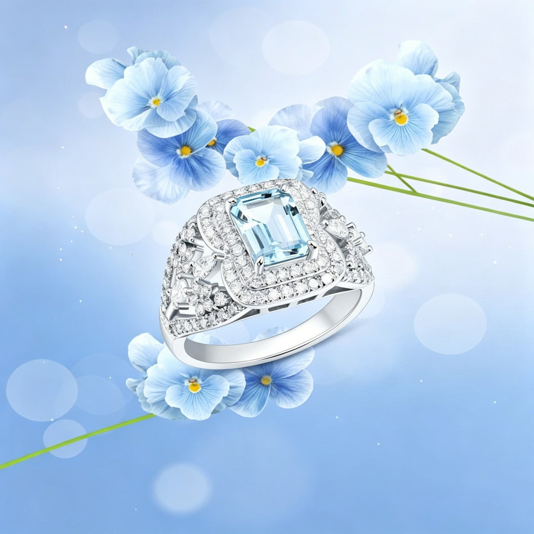 925 Sterling Silver Ring Set with Lab-Grown Diamonds & Emerald Cut Bule Topaz
