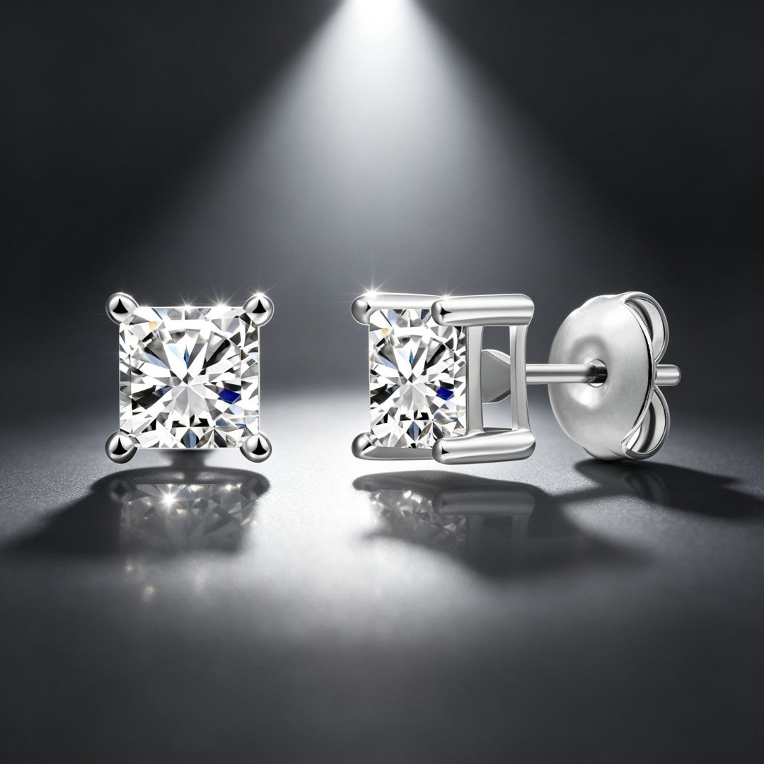 925 Sterling Silver Lab Grown Diamond Princess Solitaire Studs - 0.7ctw